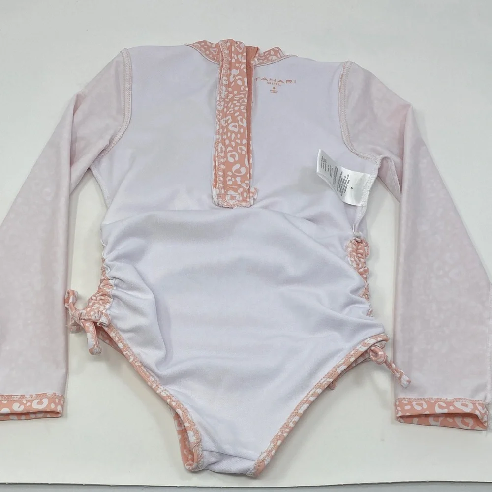 Tahari  Girls Pink Leopard Long Sleeve Rash guard Swimsuit Size 4